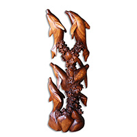 Wooden 4 Dolphins With Turtle, Hand Carved From Suar Wood