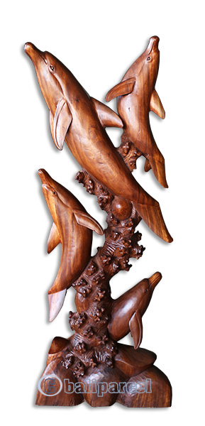 Wooden 4 Dolphins, Hand Carved From Suar Wood