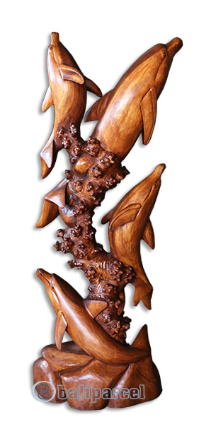 Wooden 4 Dolphins, Hand Carved From Suar Wood