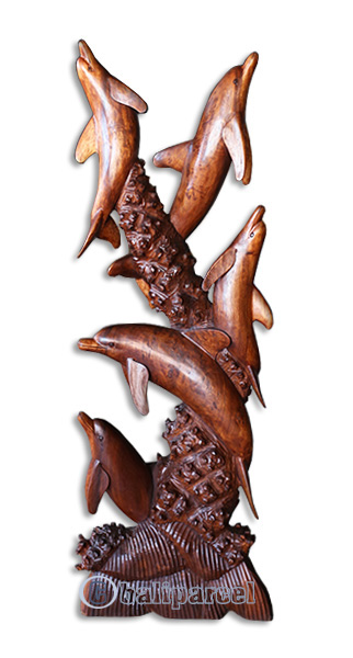 Wooden 5 Dolphins, Hand Carved From Suar Wood