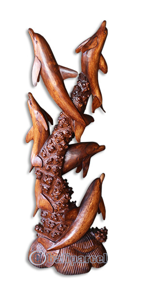 Wooden 5 Dolphins, Hand Carved From Suar Wood