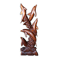 Wooden 5 Dolphins, Hand Carved From Suar Wood