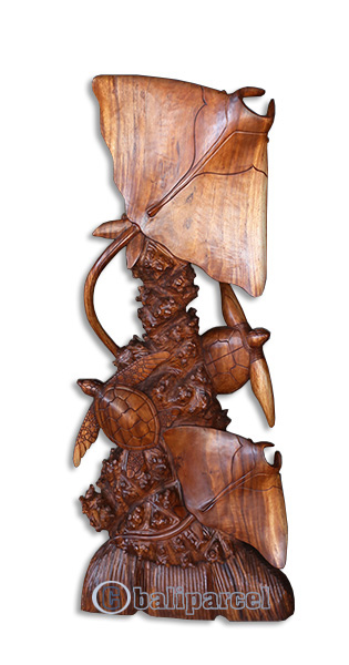 Wooden 2 Manta Ray With 2 Turtle, Handcarved From Suar Wood