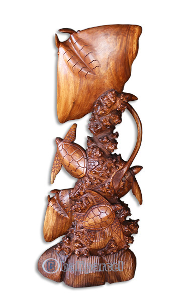 Wooden 2 Manta Ray With 2 Turtle, Handcarved From Suar Wood