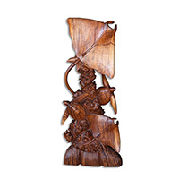 Wooden 2 Manta Ray With 2 Turtle, Handcarved From Suar Wood