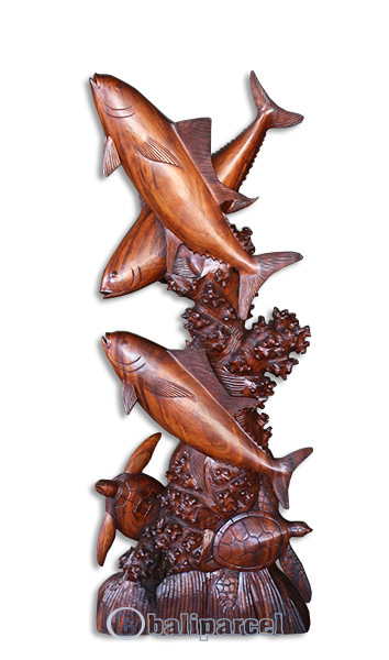 Wooden 3 Tuna With 2 Turtle, Handcarved From Suar Wood