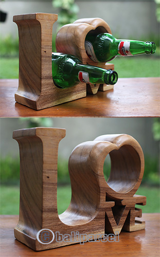 Wooden Love Bottle Holder, Handmade From Suar Wood