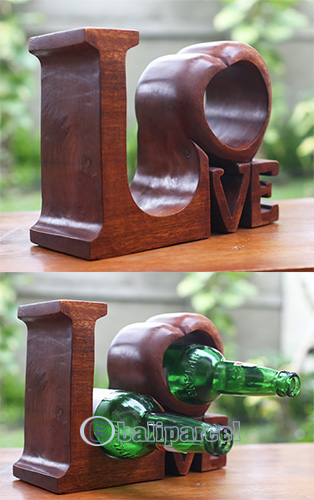 Wooden Love Bottle Holder, Handmade From Suar Wood
