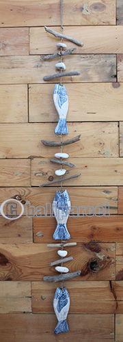 Wooden Wallhanging Fish, Hanmade From Albesia Wood With Stone