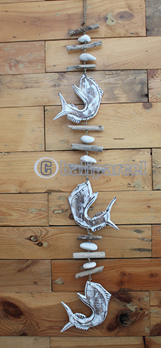 Wooden Wallhanging Dolphins, Hanmade From Albesia Wood With Stone