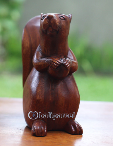 Wooden Squirrel, Hand Carved From Suar Wood