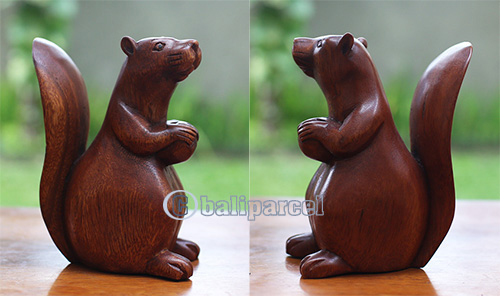 Wooden Squirrel, Hand Carved From Suar Wood