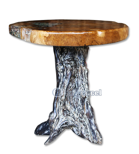 Wooden Teak Root Table Indlaid With Coral And Resin