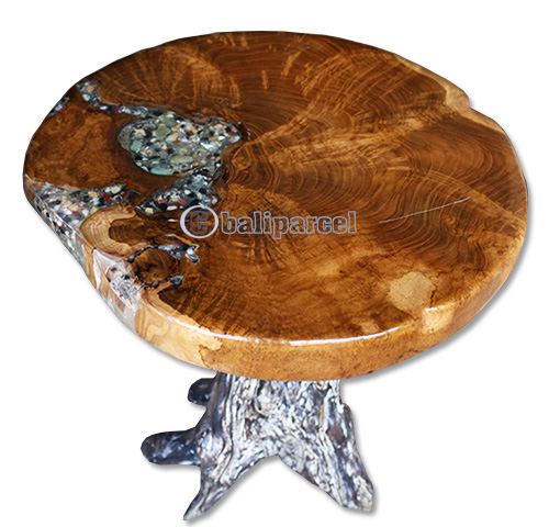 Wooden Teak Root Table Indlaid With Coral And Resin
