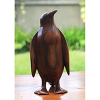 Wooden Pinguin, Handmade From Crocodile Wood Brown Polished