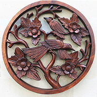 Wooden Wallhanging With 2 Bird, Handmade From Suar Wood With Brown Polished