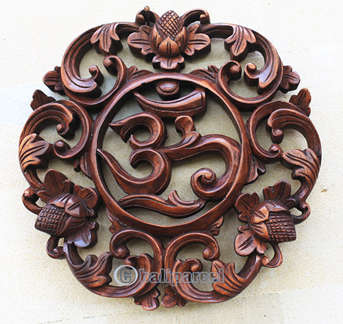 Wooden Wallhanging OM, Handmade From Suar Wood With Brown Polished