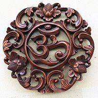 Wooden Wallhanging OM, Handmade From Suar Wood With Brown Polished
