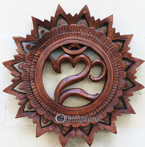 Wooden Wallhanging OM, Handmade From Suar Wood With Brown Polished