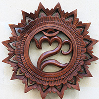 Wooden Wallhanging OM, Handmade From Suar Wood With Brown Polished