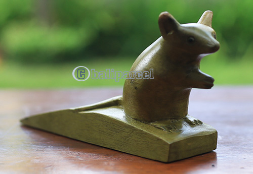 Wooden Door Stop With Mouse Carving, Made From Waru Wood
