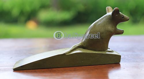 Wooden Door Stop With Mouse Carving, Made From Waru Wood