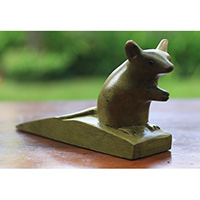 Wooden Door Stop With Mouse Carving, Made From Waru Wood