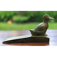 Wooden Door Stop With Duck Carving, Made From Waru Wood