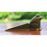 Wooden Door Stop With Frog Carving, Made From Waru Wood