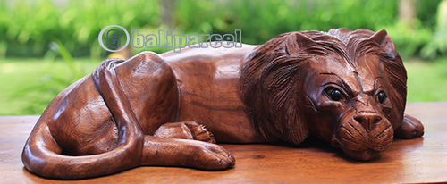 Wooden Lion, Hand Made From Suar Wood With Brown Polished