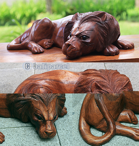 Wooden Lion, Hand Made From Suar Wood With Brown Polished