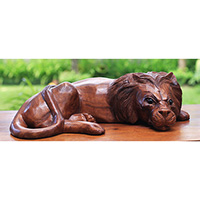 Wooden Lion, Hand Made From Suar Wood With Brown Polished