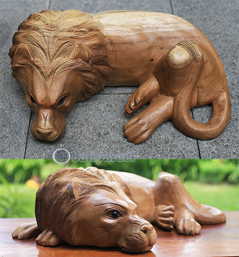 Wooden Lion, Hand Made From Suar Wood With Natural Polished