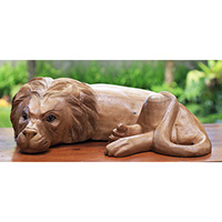 Wooden Lion, Hand Made From Suar Wood With Natural Polished