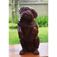 Wooden Dog, Hand Made From Suar Wood With Brown Polished