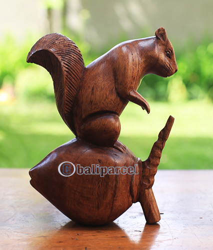 Wooden Squirrel, Hand Made From Suar Wood With Brown Polished
