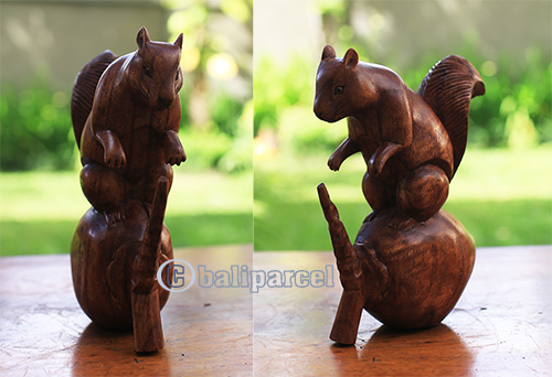 Wooden Squirrel, Hand Made From Suar Wood With Brown Polished