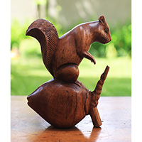 Wooden Squirrel, Hand Made From Suar Wood With Brown Polished