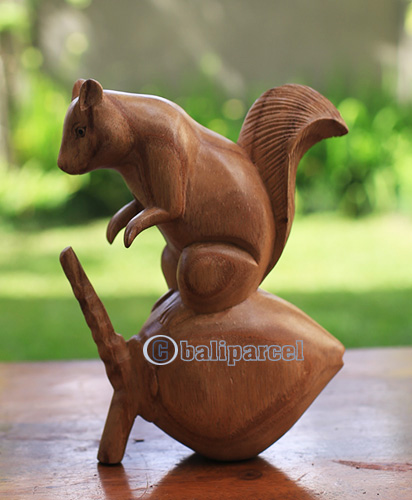 Wooden Squirrel, Hand Made From Suar Wood With Natural Polished