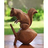 Wooden Squirrel, Hand Made From Suar Wood With Natural Polished