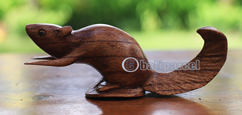 Wooden Squirrel, Hand Made From Suar Wood With Brown Polished