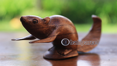 Wooden Squirrel, Hand Made From Suar Wood With Brown Polished