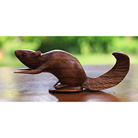 Wooden Squirrel, Hand Made From Suar Wood With Brown Polished