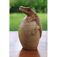 Wooden Crocodile, Hand Made From Suar Wood With Natural Polished