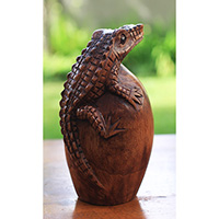 Wooden Crocodile, Hand Made From Suar Wood With Brown Polished