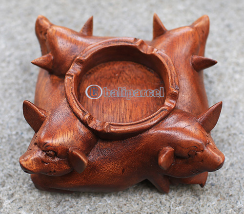 Wooden Ashtray With Pig, Hand Made From Suar Wood With Brown Polished