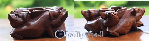Wooden Ashtray With Pig, Hand Made From Suar Wood With Brown Polished
