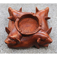 Wooden Ashtray With Pig, Hand Made From Suar Wood With Brown Polished