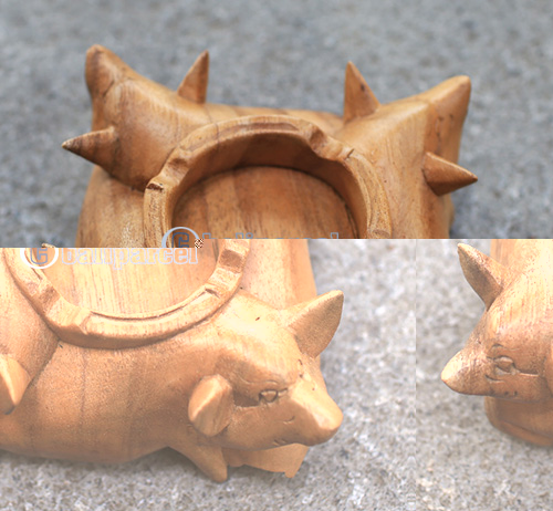 Wooden Ashtray With Pig, Hand Made From Suar Wood With Natural Polished