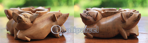 Wooden Ashtray With Pig, Hand Made From Suar Wood With Natural Polished